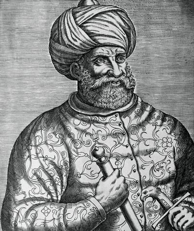 Porträt von Khayr al-Din, bekannt als Barbarossa (1465-1546), türkischer Korsar und Admiral, Gravur von Andre Thevet (1502-1590) von Andre Thevet