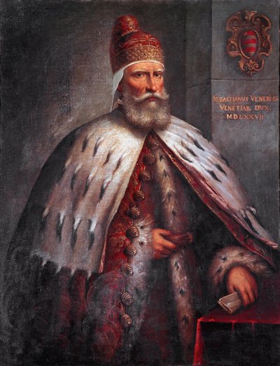 Porträt von Doge Sebastiano Venier (1496-1578), Condottiere. Er führte die venezianische Flotte mit Francesco Duodo während der Schlacht von Lepanto 1571. Gemälde von Andrea de