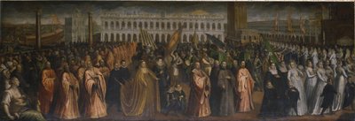 Die Dogaressa Marina Morosini-Grimani verlässt den Palazzo Grimani zu ihrer Krönung im Palazzo Ducale, Venedig von Andrea Vicentino