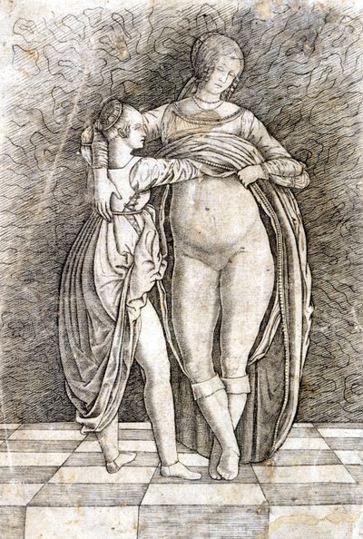 Ein junges Mädchen zieht eine Frau aus. Gravur von Andrea Zoan. 15. Jahrhundert von Andrea (attr. to) Zoan