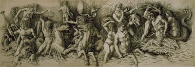Schlacht der Meeresgötter (Feder & braune Tinte auf Papier) von Andrea (workshop of) Mantegna