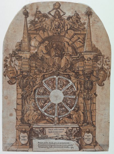 Triumph des Todes mit drei Schicksalsgöttinnen in einem architektonischen Rahmen über einem Glücksrad, flankiert von Skeletten; ein Schädel und eine Sanduhr oben und mit einem Rad, das sich in der Mitte drehen soll von Andrea Andreani