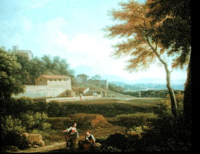 Landschaft mit ruhenden Figuren und einer Stadt im Hintergrund von Andrea Locatelli