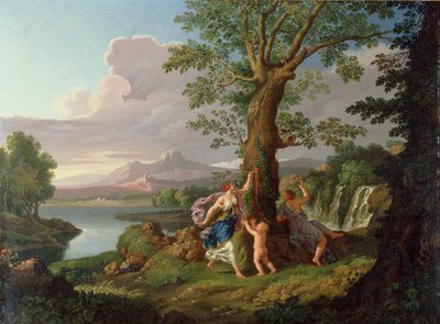 Flusslandschaft mit einer Nymphe, die einen Ast von einem blutenden Baum pflückt von Andrea Locatelli