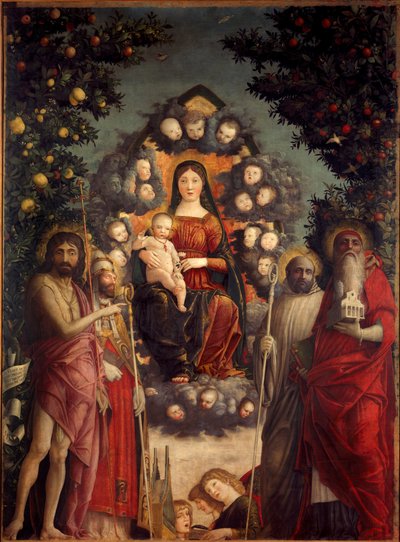 Trivulzio-Altarbild „Die Heilige Konversation“ Die Jungfrau und Jesus Christus in einer Mandorla, umgeben von Heiligen von Andrea Mantegna