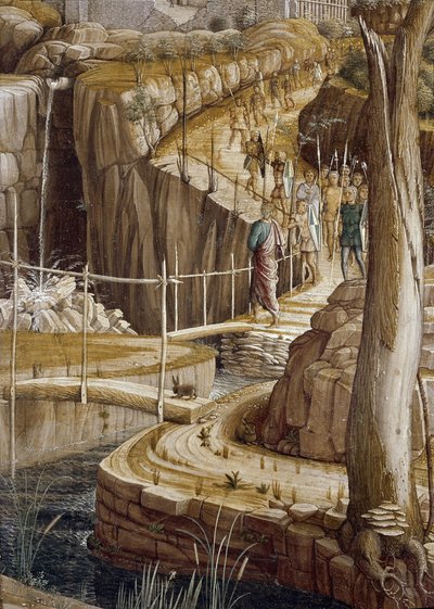Detail von „Das Gebet im Garten Gethsemane“, Judas führt die Soldaten zu Jesus - Agonie im Garten von Andrea Mantegna