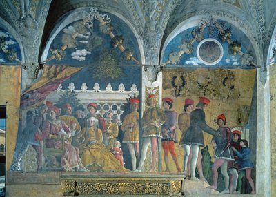 Marchese Ludovico Gonzaga III, seine Frau Barbara von Brandenburg, ihre Kinder, Höflinge und ihr Hund Rubino, aus der Camera degli Sposi oder Camera Picta, 1465-74 von Andrea Mantegna