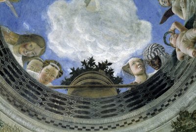 Oculus der Decke des Hauses der Eheleute, Herzogspalast von Mantua, Italien (Camera degli Sposi, Palazzo Ducale, Mantova): Detail von allegorischen Figuren und Putti. Fresko von Andrea Mantegna (1431-1506) von Andrea Mantegna
