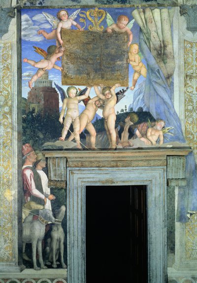 Putti mit Schmetterlingsflügeln, die die Widmungstafel tragen, mit Jagdhunden und ihren Führern darunter, aus der Camera degli Sposi oder Camera Picta (Detail) von Andrea Mantegna
