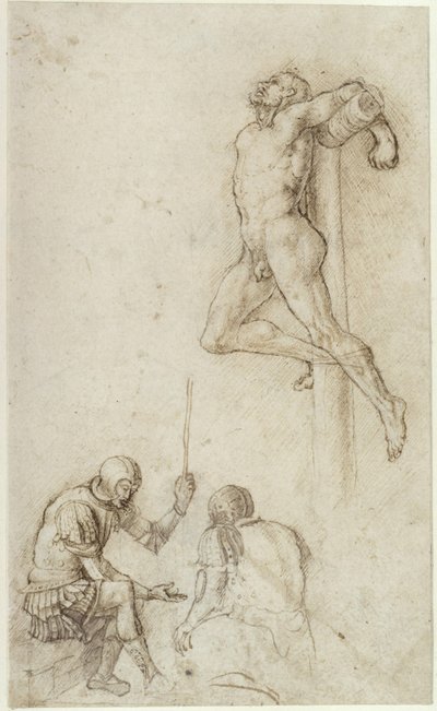 Schächer am Kreuz, darunter zwei Soldaten (beim Würfelspiel) von Andrea Mantegna