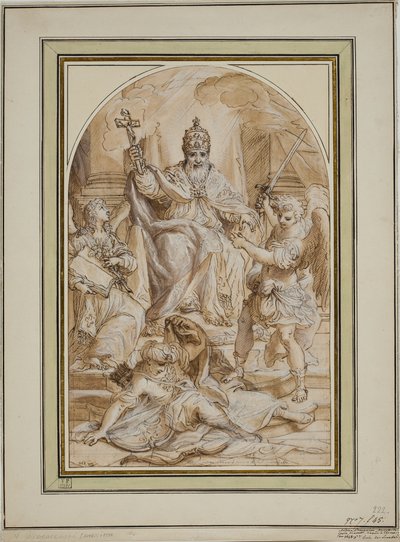 Ein Papst auf dem Thron, flankiert von einem Engel mit einem Buch und St. Michael, der einen Türken erschlägt von Andrea Proccaccini