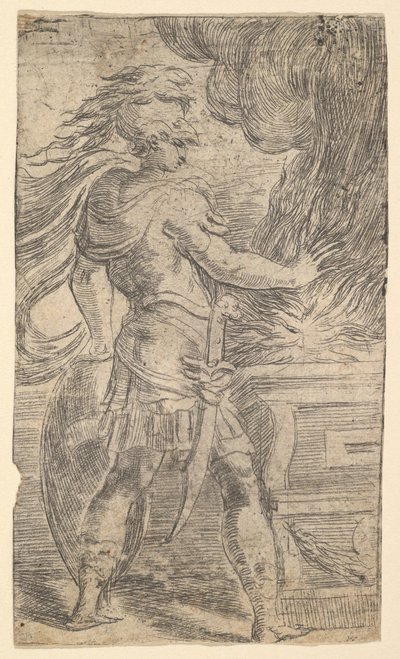 Mutius Scaevola legt seine Hand in die Flammen, linke Hälfte einer Komposition, ca. 1540 von Andrea Schiavone