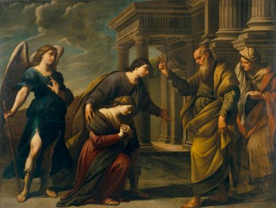 Raguel segnet seine Tochter Sarah vor ihrer Abreise nach Ekbatana mit Tobias - Andrea Vaccaro, Öl auf Leinwand, ca. 1640, italienische Kunst des 17. Jahrhunderts von Andrea Vaccaro