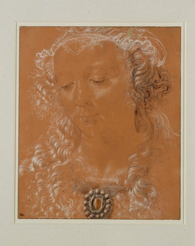 Kopf einer Frau, die Augen gesenkt, leicht nach links gedreht von Andrea del Verrocchio