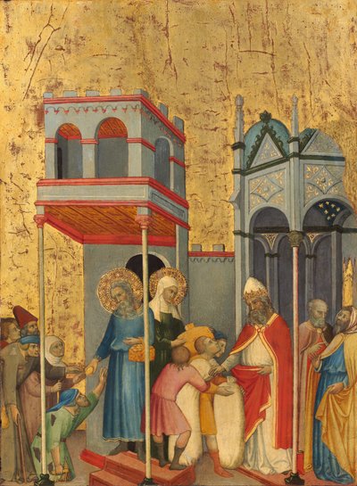 Joachim und Anna geben den Armen Essen und Opfergaben an den Tempel von Andrea di Bartolo