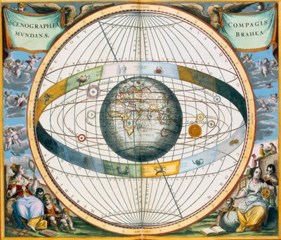 Karte, die Tycho Brahes System der Planetenbahnen um die Erde zeigt, 1660-1661 von Andreas Cellarius