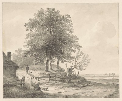 Landschaft mit einem Häuschen auf einem Hügel von Andreas Schelfhout