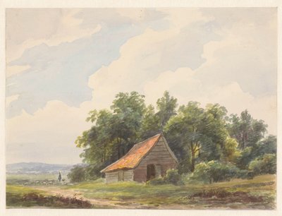Landschaft mit Scheune und in der Ferne ein Hirte mit Schafen von Andreas Schelfhout