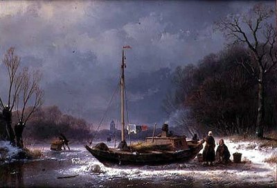 Bauern bei einem Boot auf einem zugefrorenen Fluss von Andreas Schelfhout