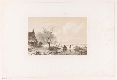 Schlittschuhläufer und Mann mit Schlitten auf gefrorenem Fluss von Andreas Schelfhout