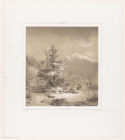Winterlandschaft mit Nadelbäumen und Mann mit Schlitten von Andreas Schelfhout