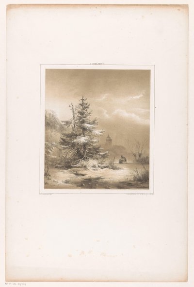 Winterlandschaft mit Nadelbäumen und Mann mit Schlitten von Andreas Schelfhout