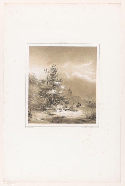 Winterlandschaft mit Nadelbäumen und Mann mit Schlitten von Andreas Schelfhout