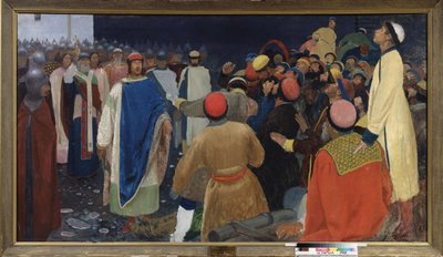 Prinz Gleb Sviatoslavitch (gestorben 1079) tötet einen Volkhv (slawischer Wahrsager) bei einem Veche in Nowgorod von Andrei Petrovich Ryabushkin