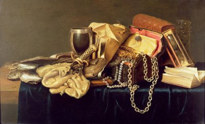 Stillleben mit Schmuckkästchen, Büchern und Austern von Andries Vermeulen