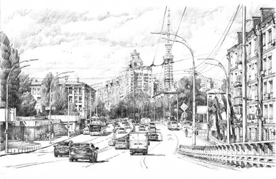 Geschäftige urbane Straßenskizze von Andrii Kutsachenko