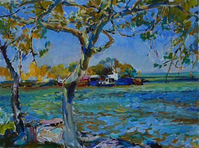 Sonniges Flussufer Boote von Andrii Kutsachenko