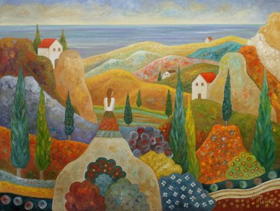 Frau mit Blick auf mediterrane Hügel von Angeles M. Pomata