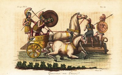 Antike griechische Krieger mit bemalten Schilden auf einem Biga oder Zweispänner von Angelo (after) Monticelli