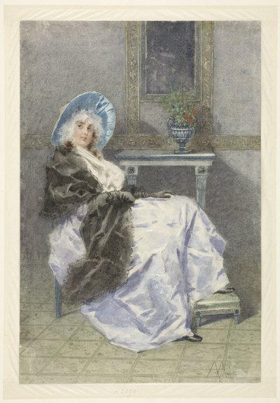 Sitzende junge Frau mit schwarzem Schal und violettem Rock von Angelo Achini
