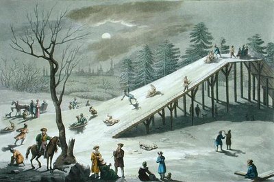 Schneerutsche in einem russischen öffentlichen Park, frühes 19. Jahrhundert (farbige Gravur) von Angelo Biasioli