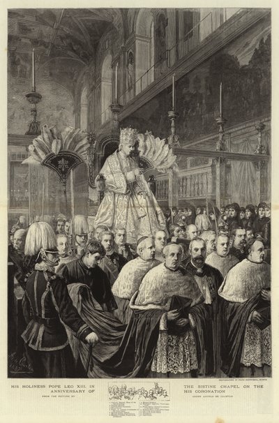Seine Heiligkeit Papst Leo XIII. in der Sixtinischen Kapelle am Jahrestag seiner Krönung, Gravur von Angelo Courten