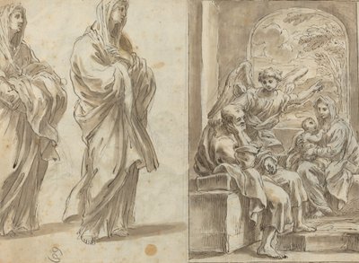 Zwei drapierte weibliche Figuren; Rast auf der Flucht nach Ägypten (verso) von Angelo Marullo