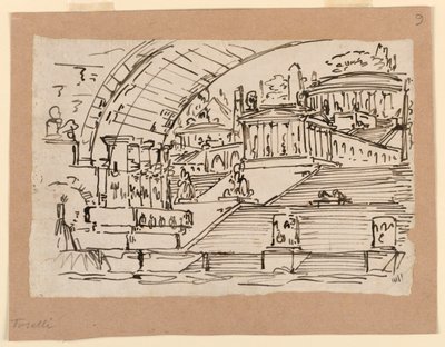 Bühnenbild, imaginäre Stadt von Angelo Toselli