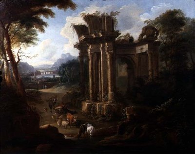 Klassische Landschaft mit einem Kuhhirten, der sein Vieh tränkt (um 1720) von Anglo Flemish School