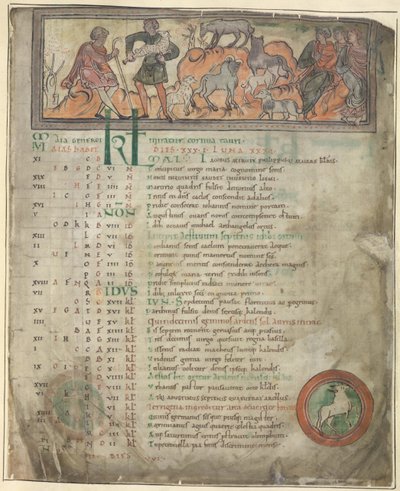 Cotton Tiberius B. V, Teil 1, f.5 Kalenderseite für Mai. Schafe hüten. Zwei Hirten mit ihrer Herde, einer hält einen Hirtenstab, und drei sitzende Figuren. Unten, Widder in einem Rundel von Anglo Saxon