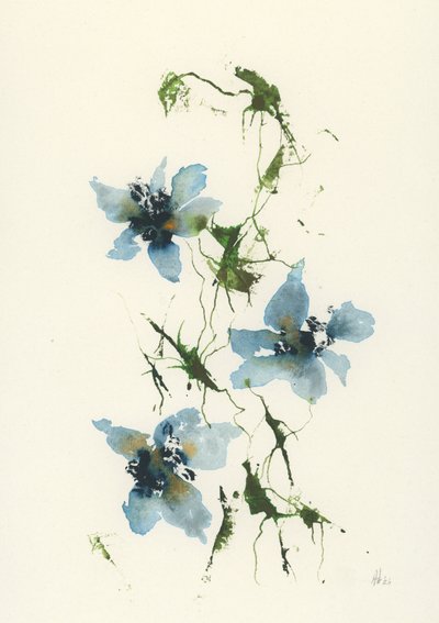 Blaue Blumen in Aquarell von Ankie Kooi