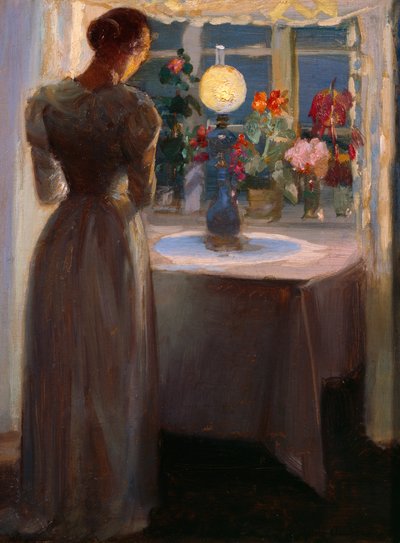 Junges Mädchen vor einer Lampe von Anna Kirstine Ancher