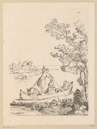 Flusslandschaft mit einem von einer Frau geruderten Boot (Serie: Cabinet du Roy) von Anne Claude Philippe Caylus