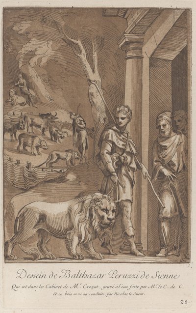 Ein Hirte hält einen Löwen an der Leine im Vordergrund, im Mittelgrund der Sch... , ca. 1729-64 von Anne Claude Philippe de