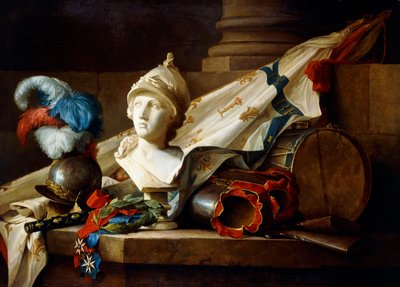 Eine Büste der Minerva mit Rüstung und Waffen auf einem Steinsims, 1777 von Anne Vallayer Coster