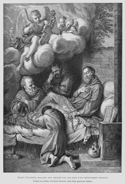 Der heilige Franz von Assisi, von Krankheit geplagt, wird durch den Klang eines himmlischen Instruments geheilt von Annibale (after) Carracci