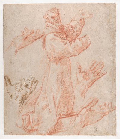 Studien für eine Figur des knienden Heiligen Franziskus in Dreiviertelansicht und für seine Hände (recto), 1583–85 von Annibale Carracci