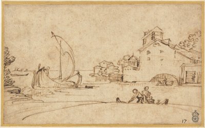 Landschaft mit Figuren an einer Mündung mit Segelbooten von Annibale Carracci