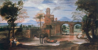 Flusslandschaft mit Schloss und Brücke, ca. 1598 von Annibale Carracci