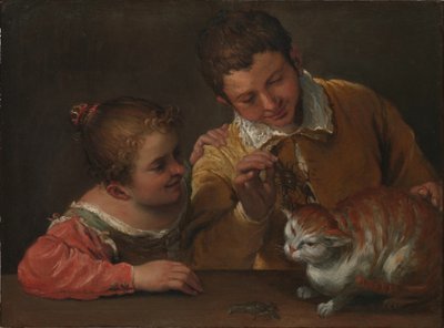 Zwei Kinder, die eine Katze ärgern von Annibale Carracci